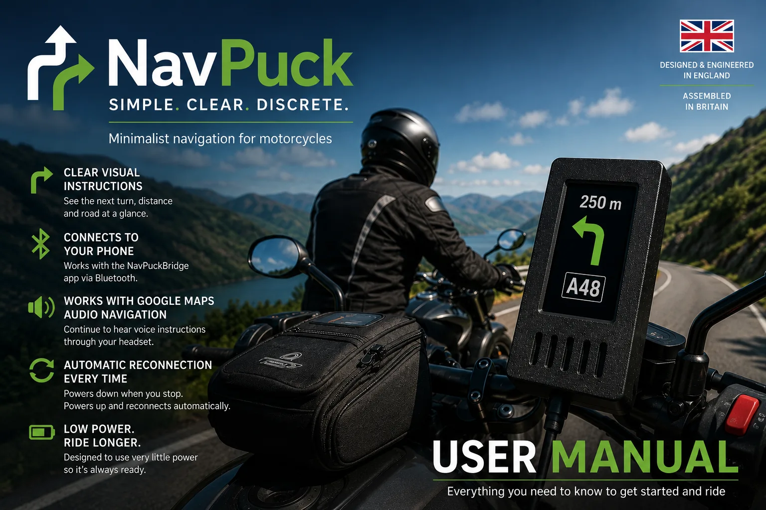NavPuck motorcycle navigation display mounted on a motorcycle during a ride